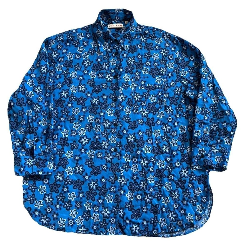 Marni Uniqlo Oversize Linen Floral Pattern Button Shirt Men M Blue Lightweight - Picture 6 of 12